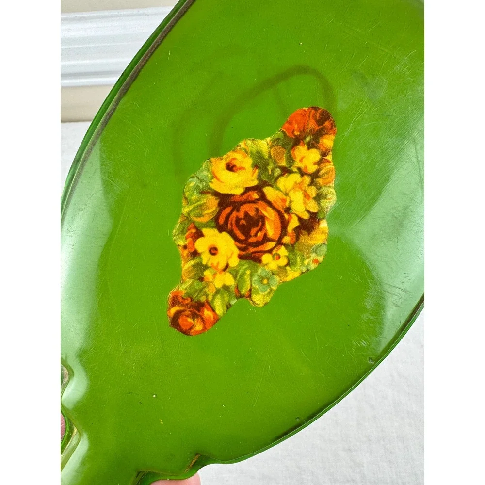 Vintage Green Floral Hand Mirror Mid Century Celluloid Cottagecore Vanity Decor